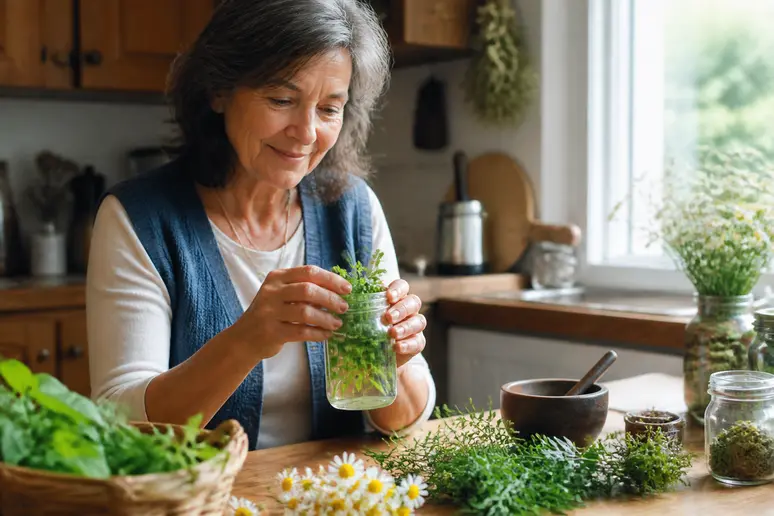 Une femme prépare une infusion de menthe pour soulager la bouche sèche, une astuce de grand-mère reconnue pour ses bienfaits naturels.