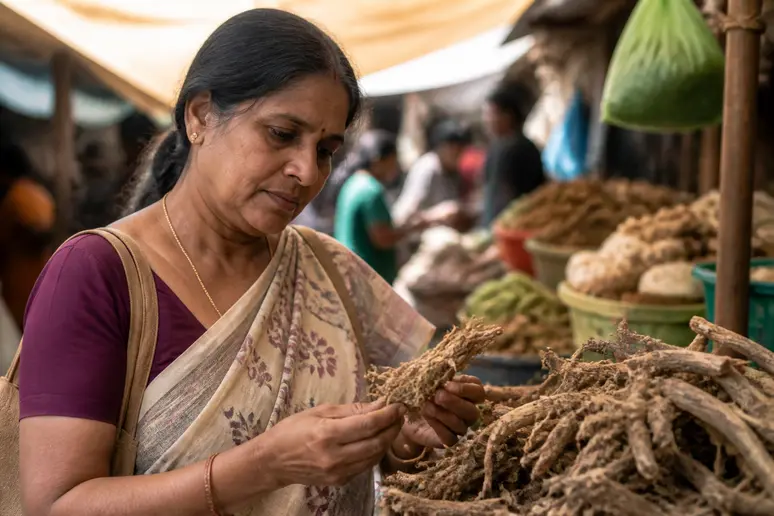Une femme indienne examine avec soin des racines séchées de Saussurea lappa dans un marché traditionnel.