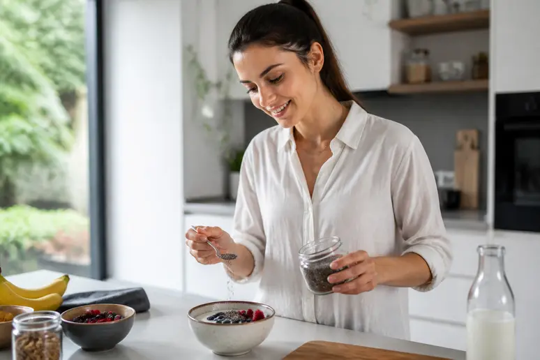 Une jeune femme prépare un petit-déjeuner sain à base de graines de chia et de yaourt dans une cuisine lumineuse.