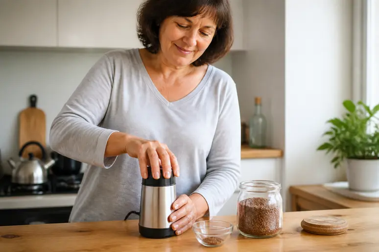 Une femme moud des graines de lin dans un moulin à café pour un usage culinaire, soulignant les bienfaits pour la santé.