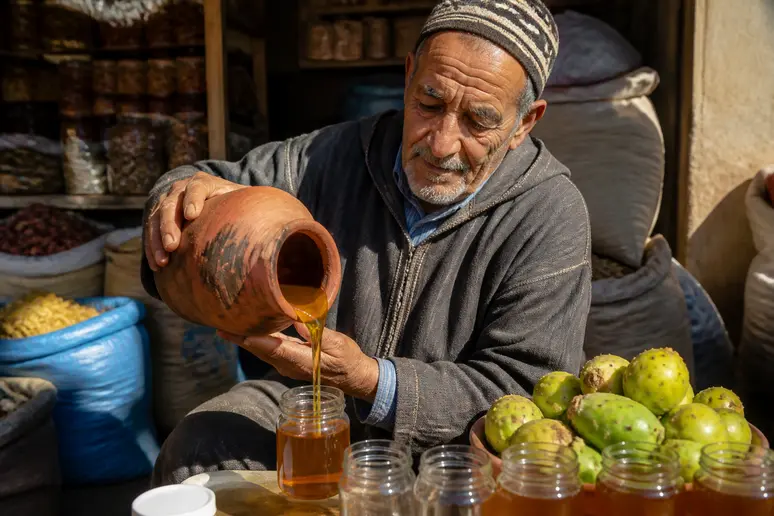 Un vieil homme marocain verse avec soin du miel de cactus doré dans des bocaux en verre dans un marché animé.