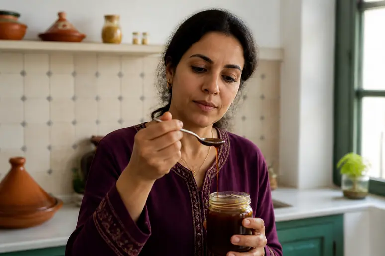 Une femme marocaine dans sa cuisine s'apprête à déguster une cuillère de miel de cactus, illustrant sa consommation quotidienne.