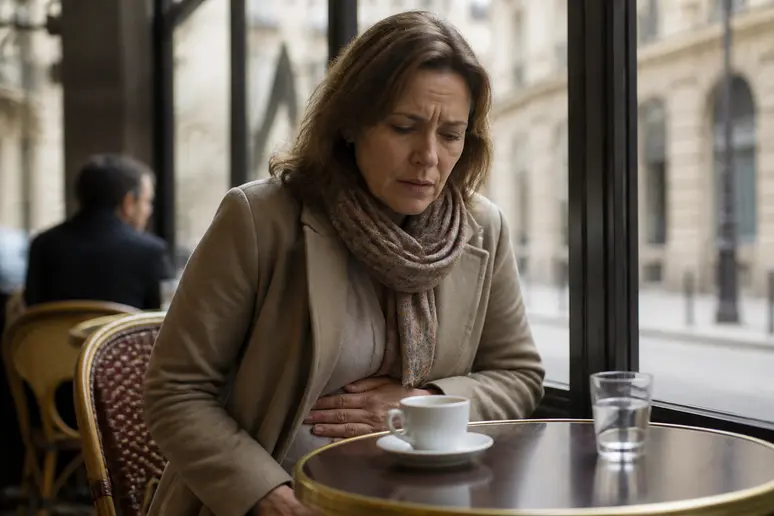 Une femme d'âge mûr dans un café parisien, tenant son estomac avec une expression inquiète.