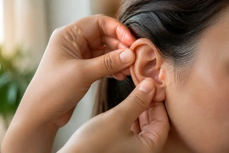 Mains d'une femme effectuant un massage doux du lobe de l'oreille, dans un environnement domestique apaisant.
