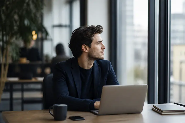 Un jeune professionnel français fait une pause devant son écran, le regard fixé au loin pour soulager la fatigue oculaire des longues heures de travail.