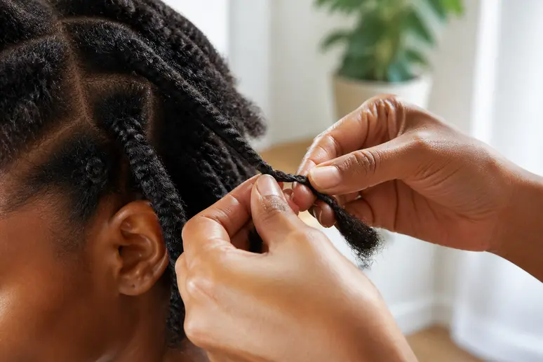 Mains réalisant des vanilles sans rajouts sur des cheveux naturels texturés pour une coiffure protectrice