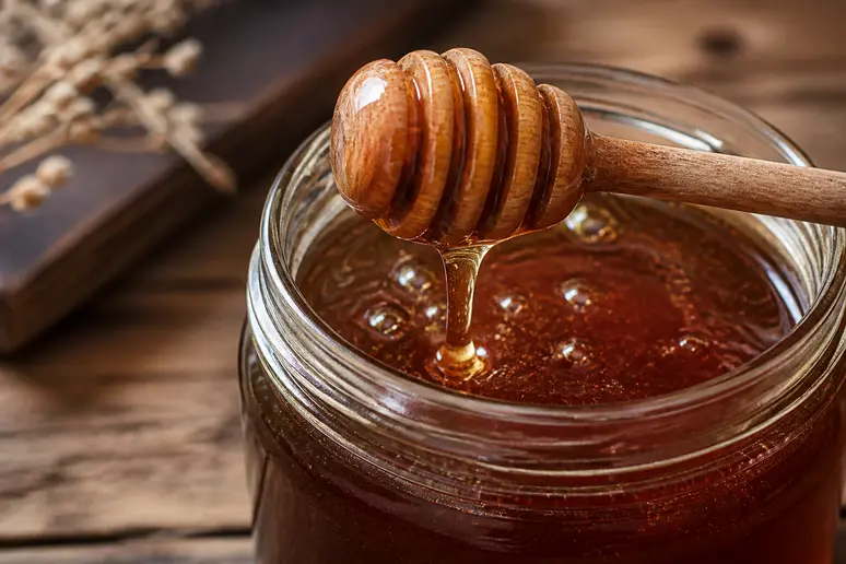 Miel de Daghmous authentique dans un bocal en verre avec une cuillère en bois.