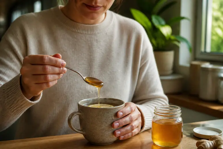 Préparation d'une infusion tiède avec une cuillère de miel pour apaiser la gorge.