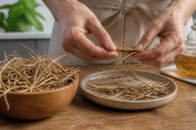 Préparation de tiges de khamaré séchées pour une infusion sur un plan de travail en bois