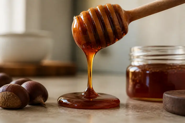 Gros plan sur la texture sombre et visqueuse d'un miel de châtaignier riche en polyphénols.