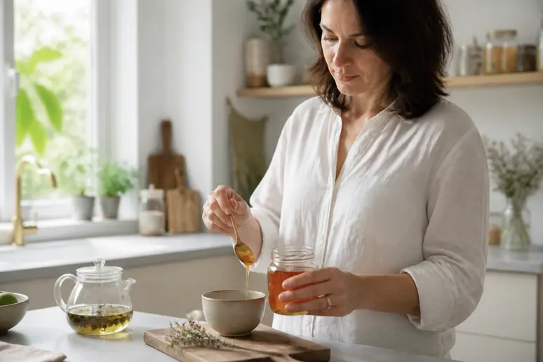 Personne mesurant une cuillère de miel de châtaignier pour accompagner une infusion chaude.