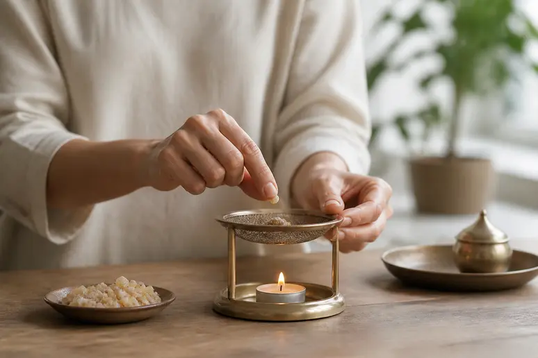 Utilisation d'un tamis de chauffe pour diffuser l'oliban sans émettre de fumées toxiques.