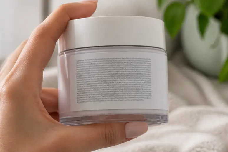 Gros plan sur la liste INCI d'un pot de crème cosmétique pour identifier les allergènes.
