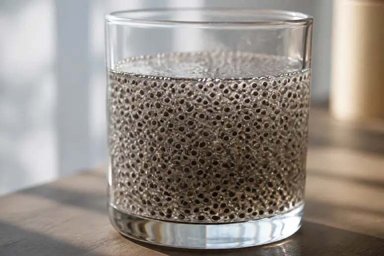 Trempage de graines de chia dans un verre d'eau pour former le gel de fibres