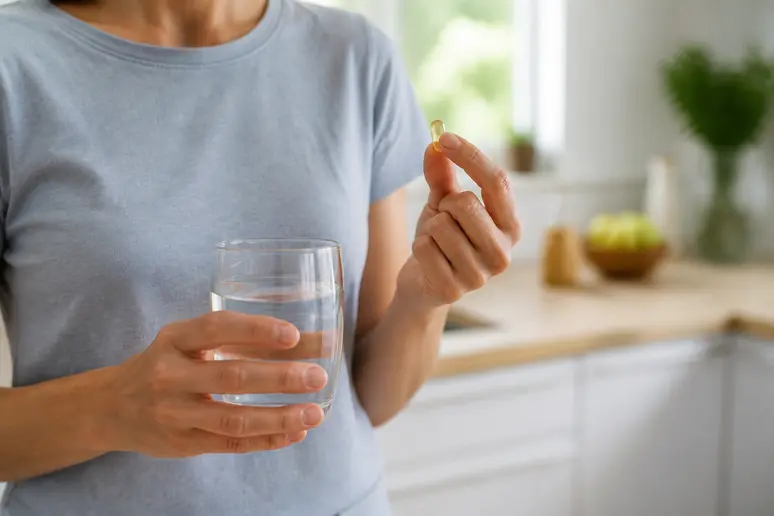 Personne tenant un verre d'eau et une gélule pour sa cure capillaire quotidienne