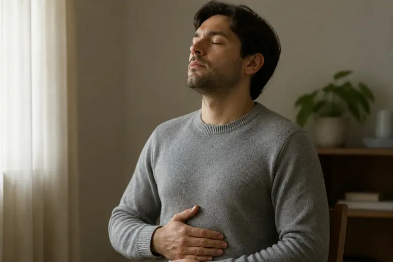 Personne pratiquant des exercices de respiration lente pour apaiser les tensions du nerf vague