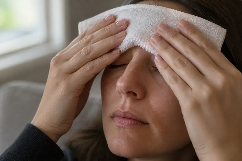 Une personne aux yeux fermés applique une compresse chaude pour apaiser un œil qui tremble.