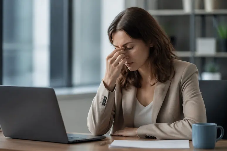 Une personne masse délicatement le contour de ses yeux pour soulager une fatigue visuelle.