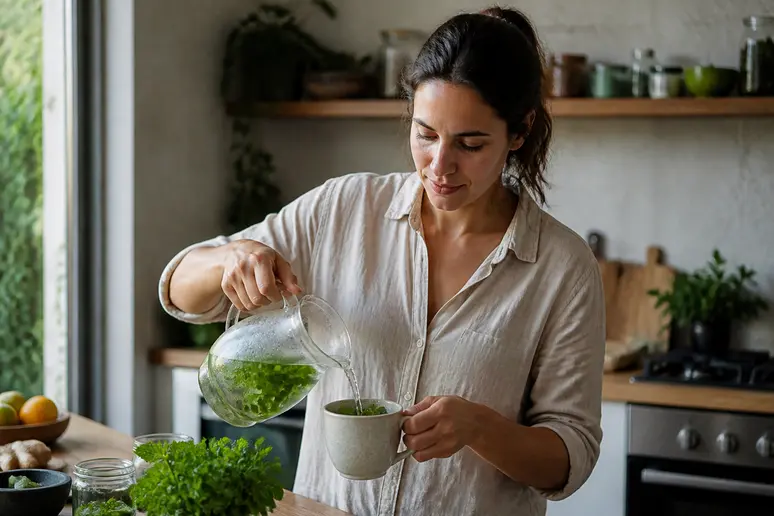 Versement d'eau tiède infusée à la menthe dans une tasse en céramique pour rafraîchir le corps en été