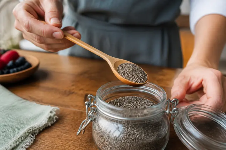 Une cuillère à soupe remplie de graines de chia pour doser la quantité journalière recommandée.