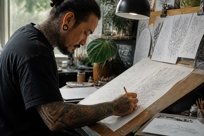 Dessin préparatoire d'un tatouage manchette femme posé sur une table de travail