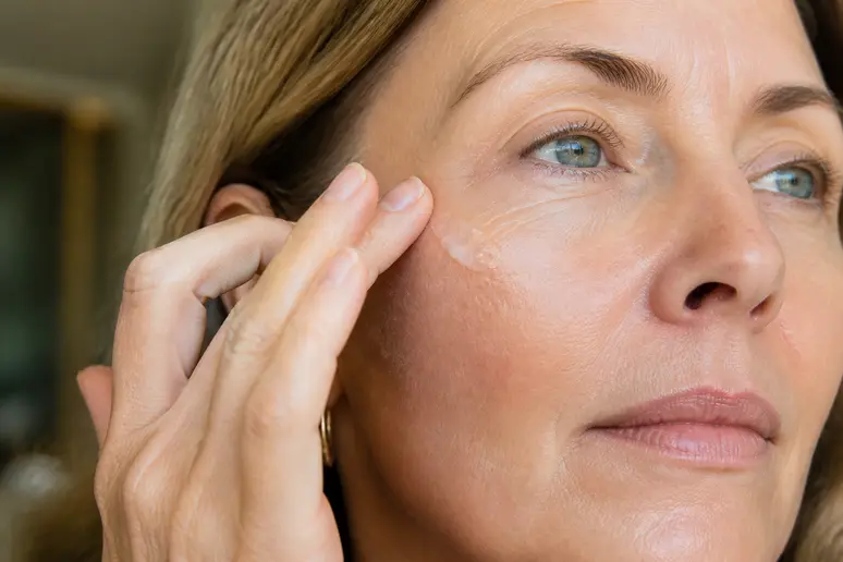Geste de tapotement délicat du soin tenseur express sur le contour du visage